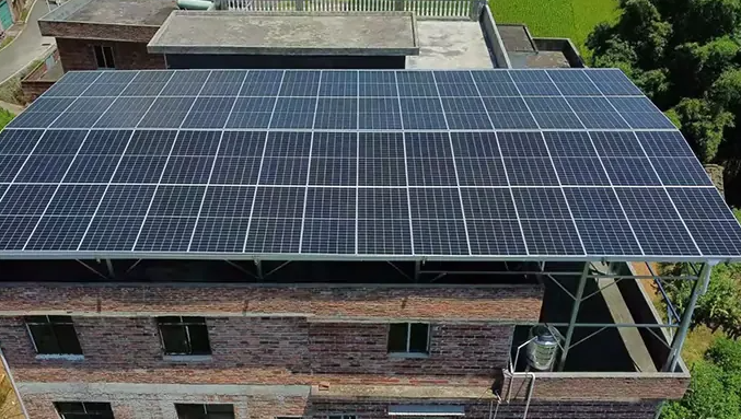 Finished discreet solar array on an old city-centre rooftop at golden hour